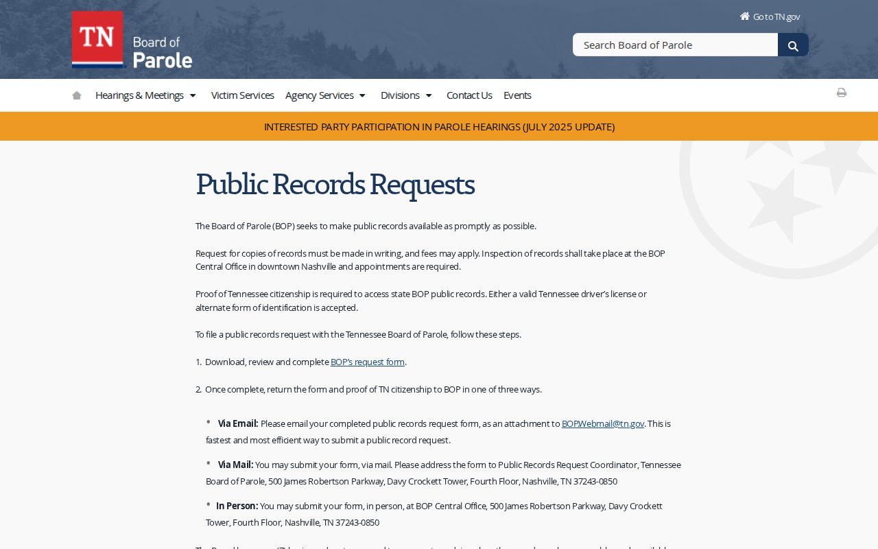 Tennessee Board of Parole decision record request for Lincoln County